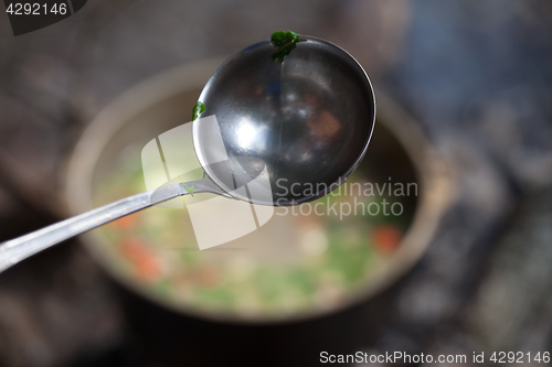 Image of Wet metal ladle (spoon) with pieces of coriander leaf