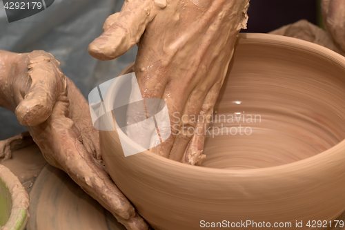 Image of Process of making clay bowl on pottery wheel