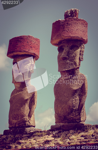 Image of Moais statues site ahu Nao Nao on anakena beach, easter island