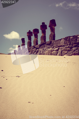 Image of Moais statues site ahu Nao Nao on anakena beach, easter island