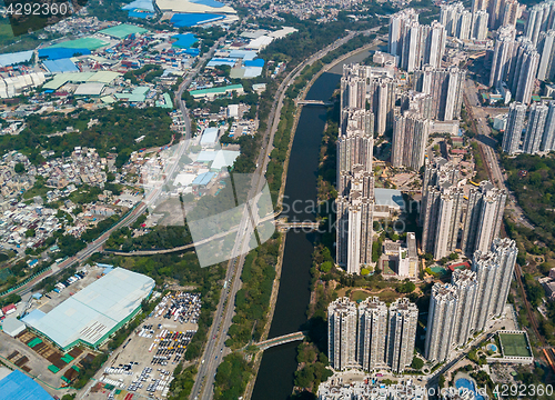 Image of Aerial view of skyscraper in Hong Kong
