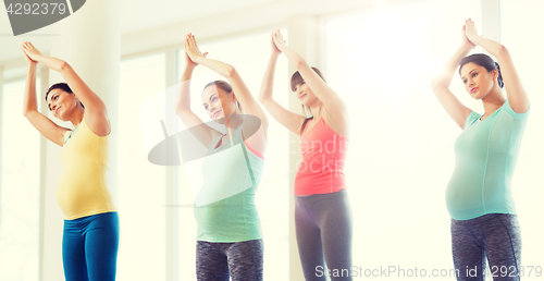 Image of happy pregnant women exercising in gym