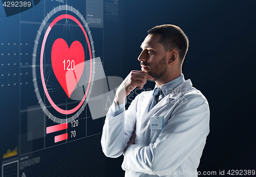 Image of doctor or scientist in white coat with heart rate