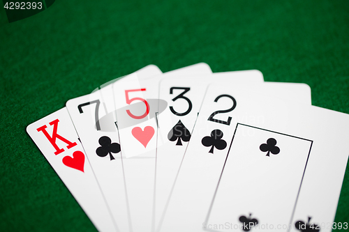 Image of poker hand of playing cards on green casino cloth