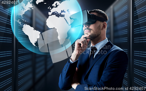 Image of businessman in virtual reality headset with globe