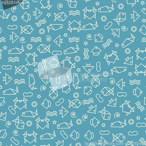 Image of Doodle style seamless pattern with fish and other nature element