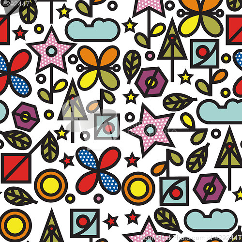 Image of Doodle style seamless pattern with flowers and other nature elem
