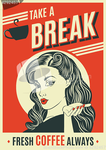 Image of advertising coffee retro poster with pop art woman