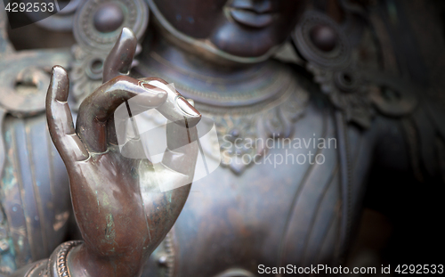 Image of Detail of Buddha statue with Karana mudra hand position