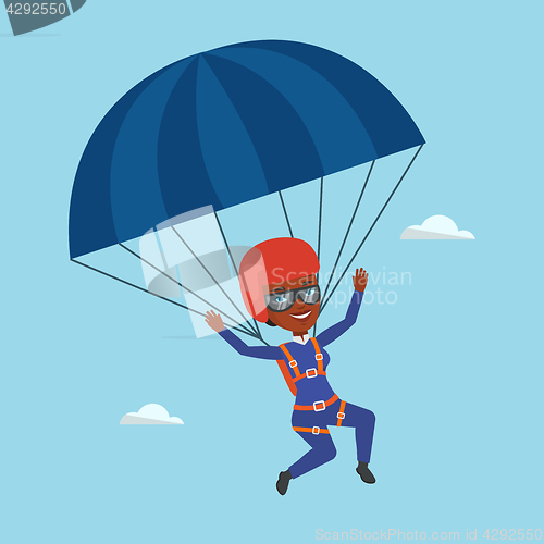 Image of Young happy woman flying with parachute.