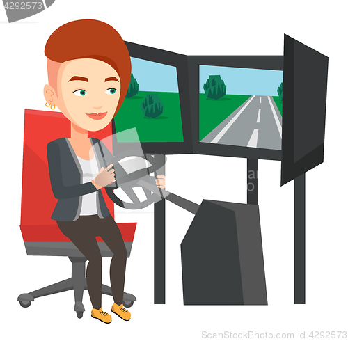 Image of Woman playing video game with gaming wheel.