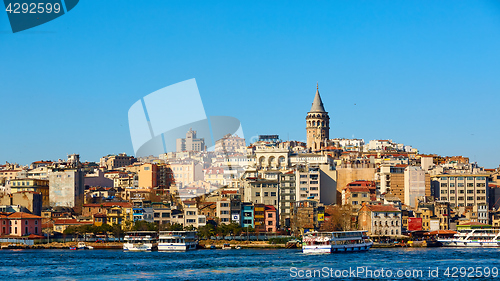 Image of Beyoglu district historic architecture and Galata tower medieval landmark in Istanbul, Turkey