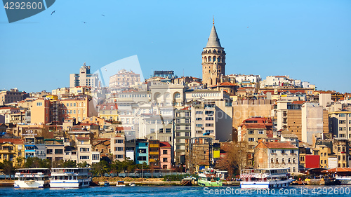 Image of Beyoglu district historic architecture and Galata tower medieval landmark in Istanbul, Turkey