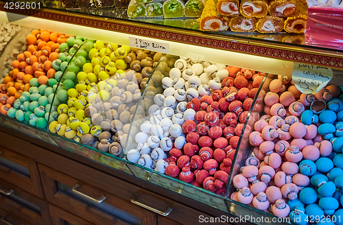 Image of Traditional turkish delights sweets at the Grand Bazaar in Istanbul, Turkey.