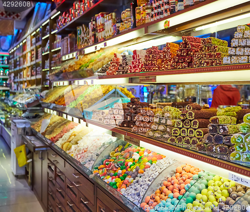 Image of Traditional turkish delights sweets at the Grand Bazaar in Istanbul, Turkey.