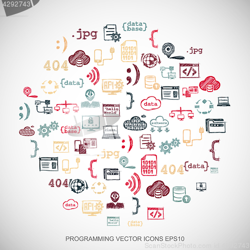 Image of Multicolor doodles Hand Drawn Programming Icons set on White. EPS10 vector illustration.