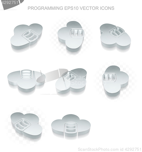 Image of Software icons set: different views of metallic Database With Cloud, transparent shadow, EPS 10 vector.