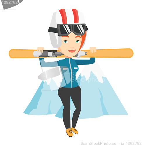 Image of Woman holding skis vector illustration.