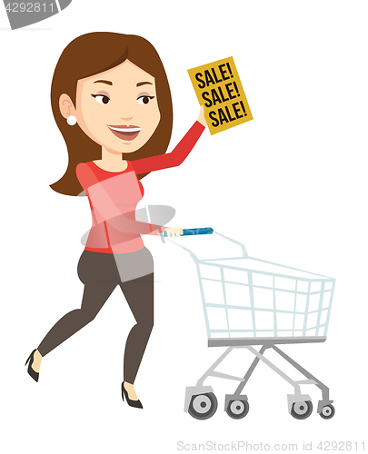 Image of Woman running in hurry to the store on sale.