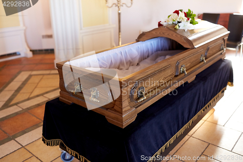 Image of coffin at funeral in church