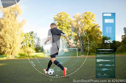 Image of soccer player playing with ball on football field