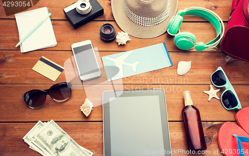 Image of close up of tablet pc and travel stuff