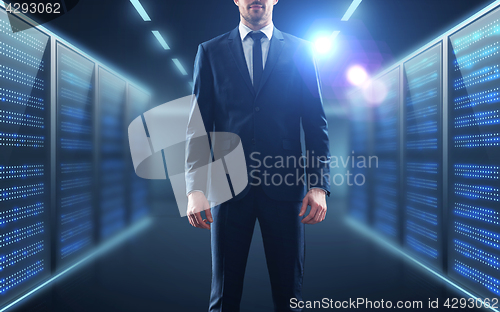 Image of businessman over server room background