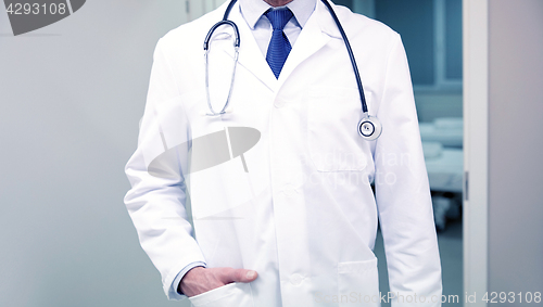 Image of close up of doctor with stethoscope at hospital