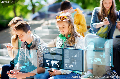 Image of teenage friends with smartphones outdoors