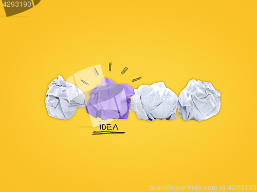 Image of Inspiration concept crumpled paper light bulb metaphor for good idea