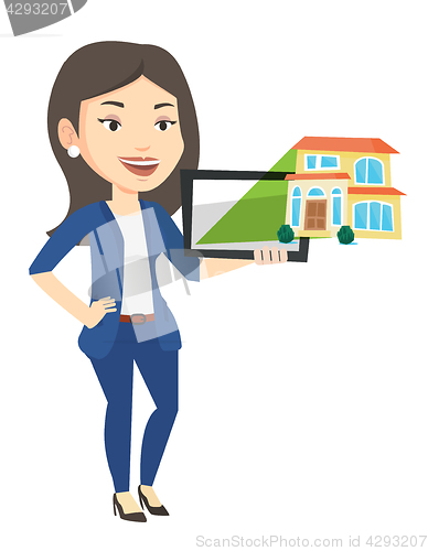 Image of Businesswoman presenting report on tablet computer
