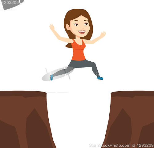 Image of Sportswoman jumping over cliff vector illustration
