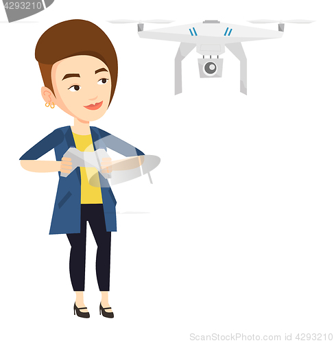 Image of Woman flying drone vector illustration.