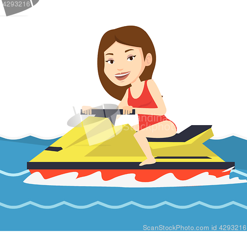 Image of Caucasian woman training on jet ski in the sea.