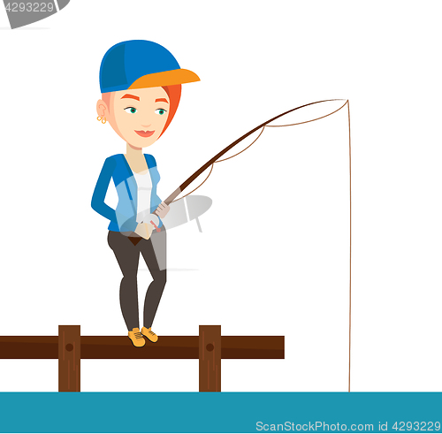 Image of Woman fishing on jetty vector illustration.