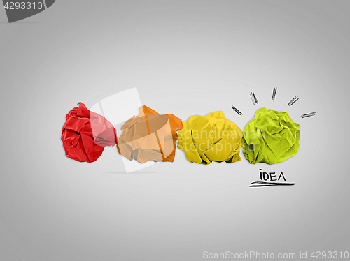 Image of Inspiration concept crumpled paper light bulb metaphor for good idea