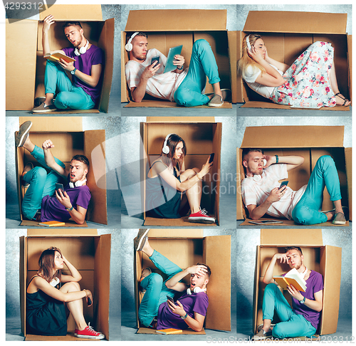 Image of Introvert concept. Collage of man and women sitting inside box