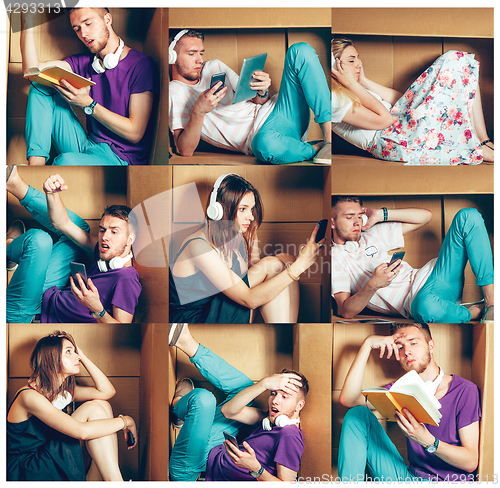 Image of Introvert concept. Collage of man and women sitting inside box