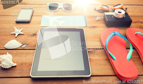 Image of close up of tablet pc and travel stuff