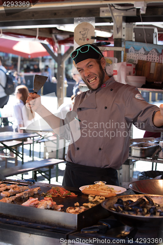 Image of BERGEN MARKET SQUARE, NORWAY - MAY 27, 2017: Grocery stores that