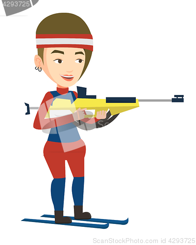 Image of Cheerful biathlon runner aiming at the target.