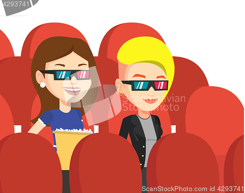 Image of Happy friends watching 3D movie in the theatre.