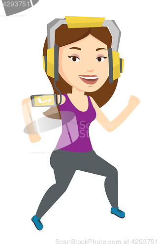 Image of Woman running with earphones and smartphone.