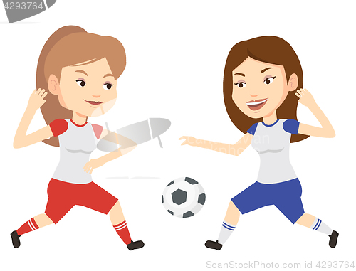Image of Two female soccer players fighting for ball.