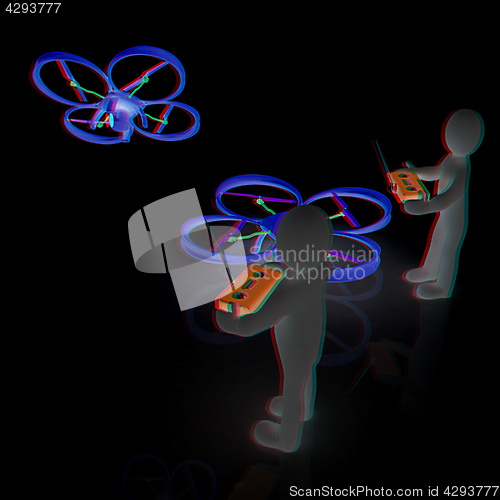 Image of 3d man with drone, quadrocopter, with photo camera. 3d render. 3