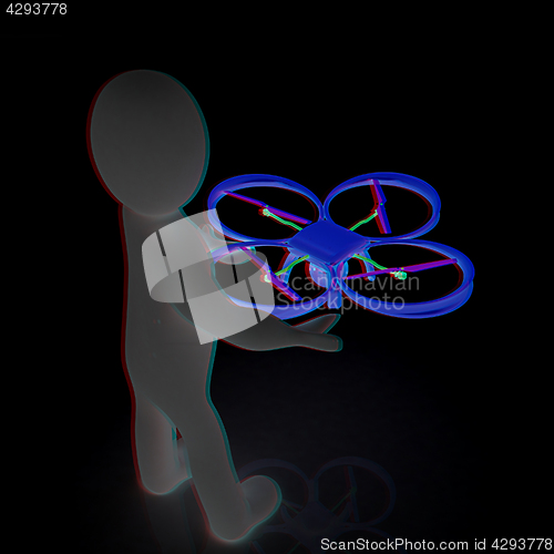 Image of 3d man with drone, quadrocopter, with photo camera. 3d render. 3