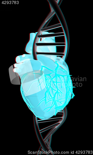 Image of DNA and heart. 3d illustration. Anaglyph. View with red/cyan gla