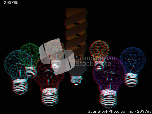 Image of energy-saving lamps. 3D illustration. Anaglyph. View with red/cy