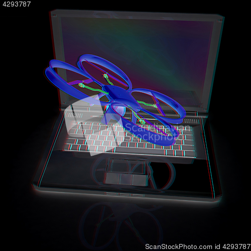 Image of Drone and laptop. 3D render. Anaglyph. View with red/cyan glasse