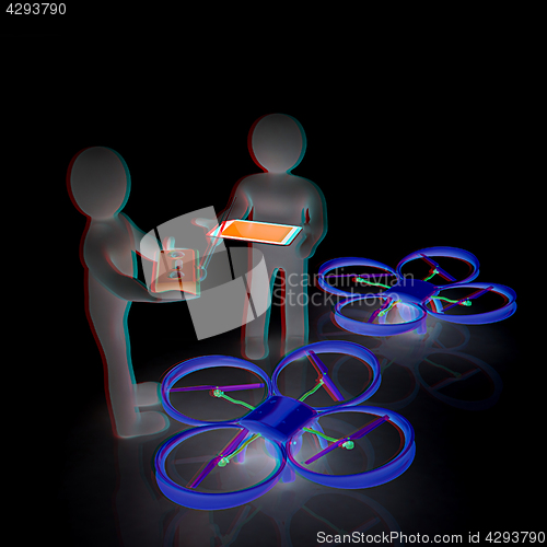 Image of 3d white people. Man flying a white drone with camera. 3D render